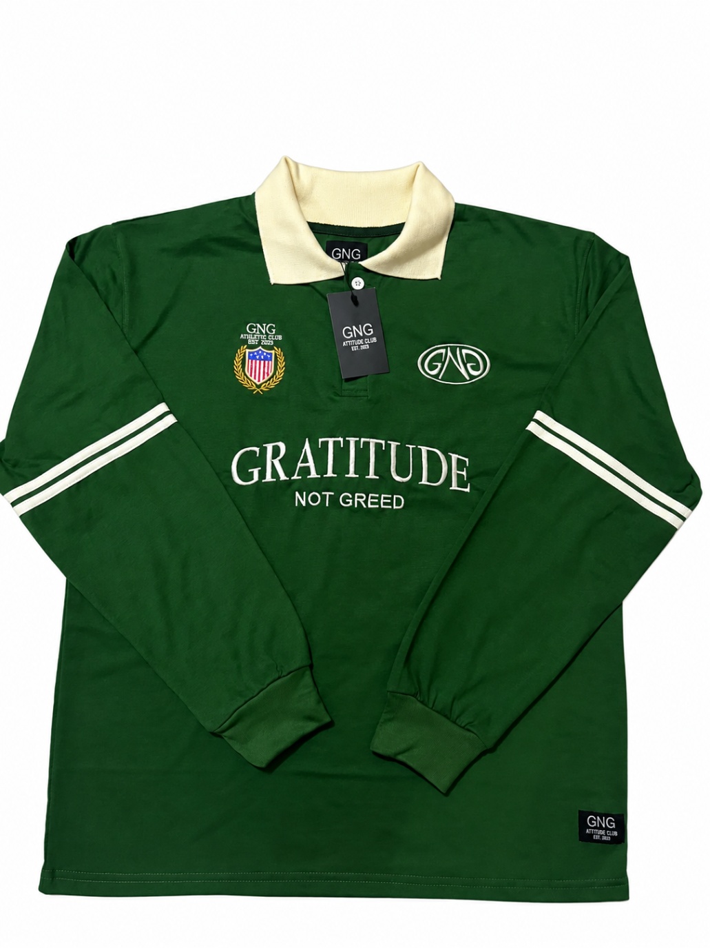 GNG Rugby Long-Sleeve Polo — green — front — embroidered Gratitude Not Greed detailing