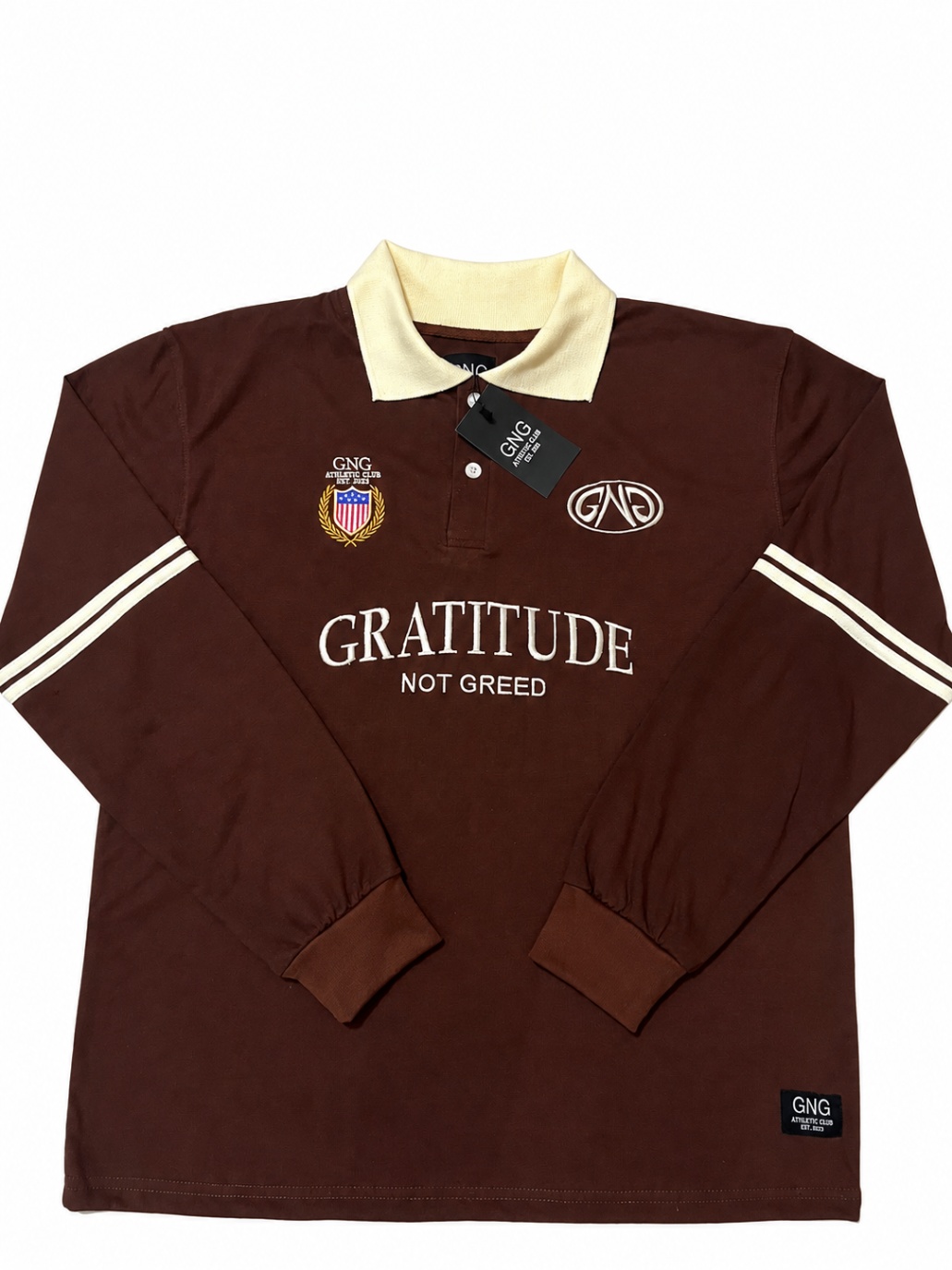 GNG Rugby Long-Sleeve Polo — brown — front — embroidered Gratitude Not Greed detailing