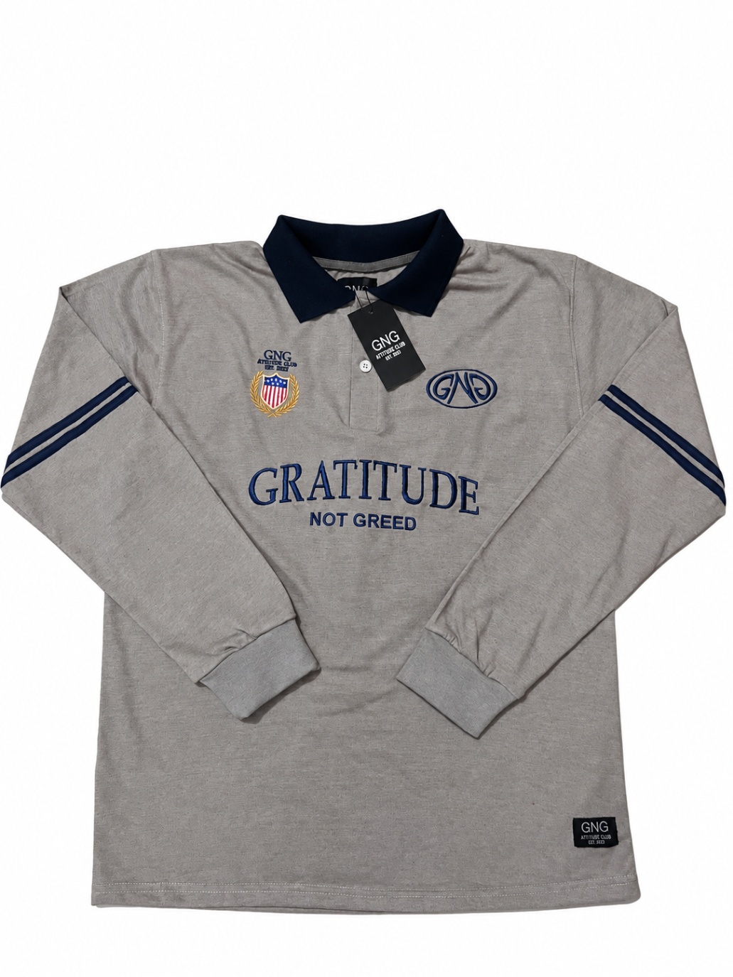 GNG Rugby Long-Sleeve Polo — grey — front — embroidered Gratitude Not Greed detailing
