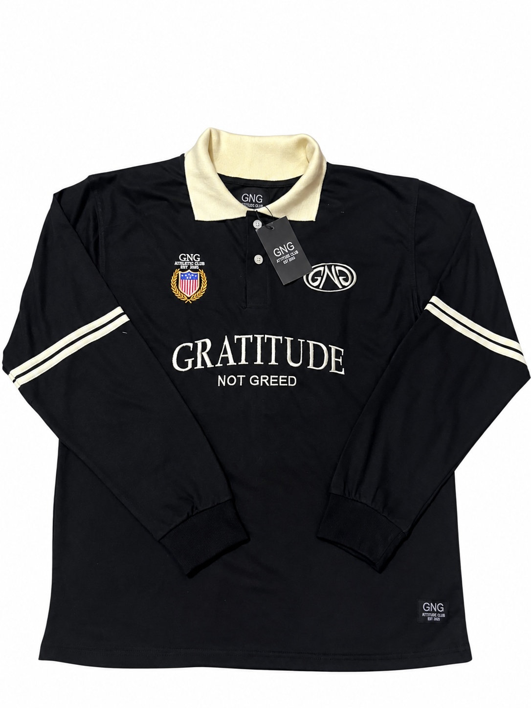 GNG Rugby Long-Sleeve Polo — black — front — embroidered Gratitude Not Greed detailing
